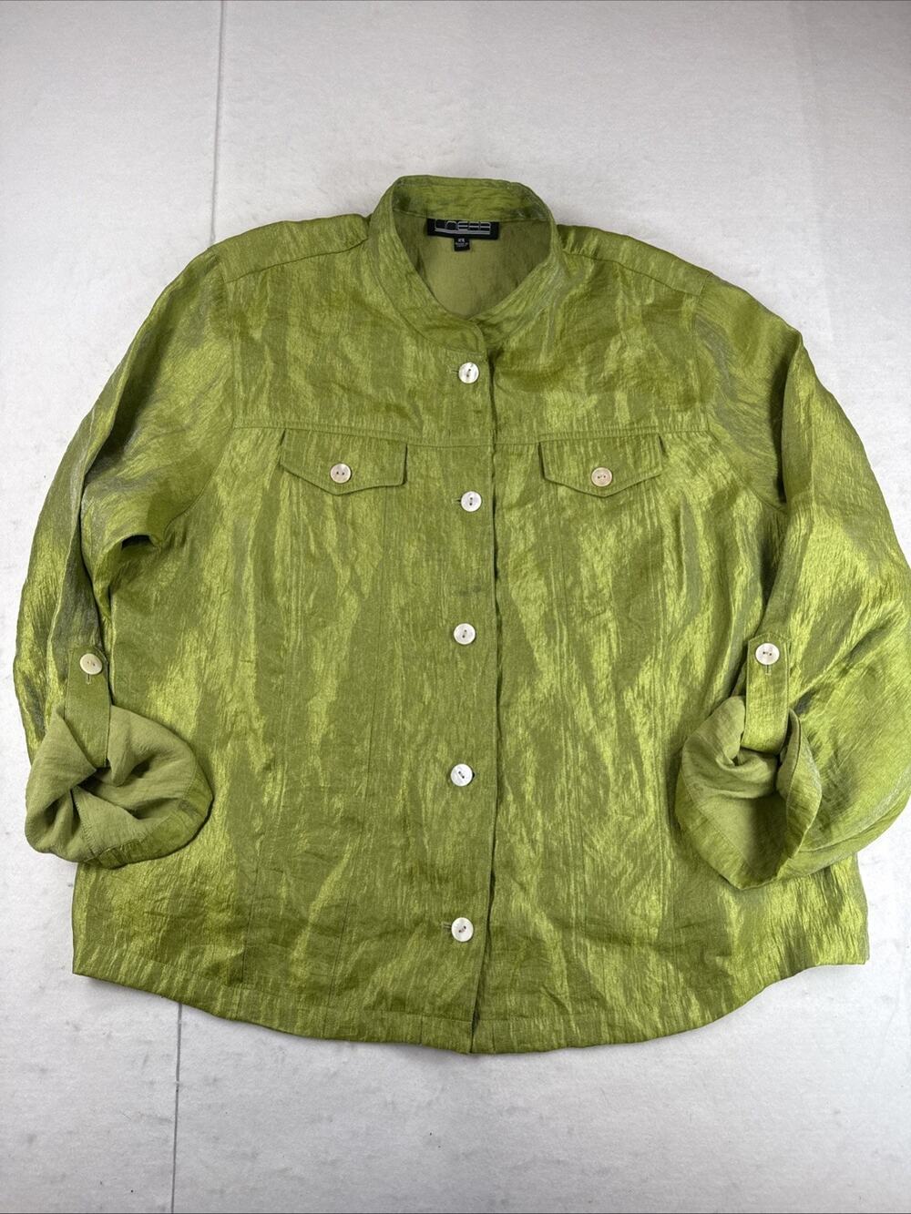 Linear Lime Green Metallic Crinkle Shirt Jacket Womens 2X Utility Crop Blouse